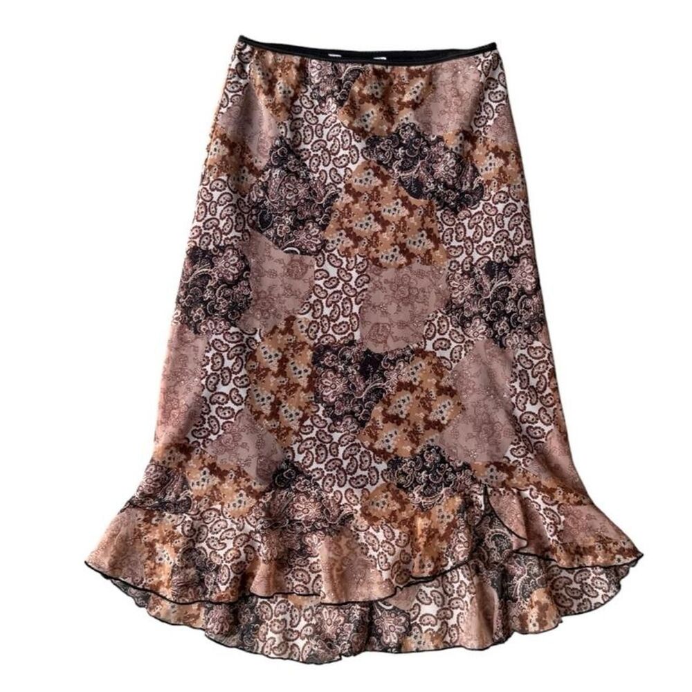 Y2K Jonathan Martin Brown floral midi skirt ruffle hem size M